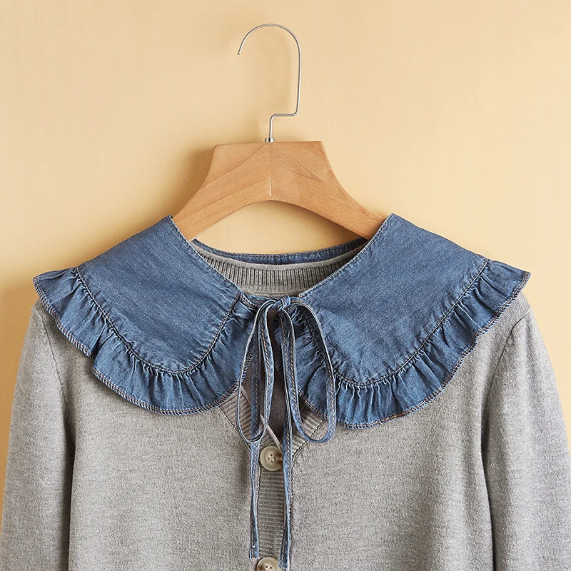 Cuello tipo chal de mezclilla lavado para mujer con encaje plisado y cuello falso de moda
