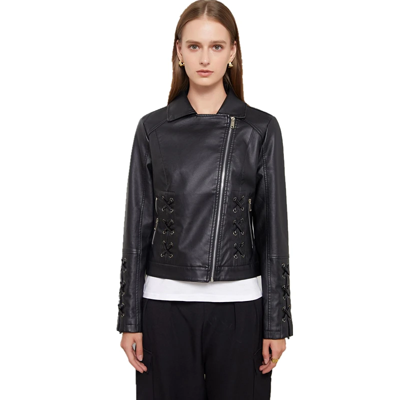 Neue Frühjahr Frauen Faux Leder Jacke Biker Rot Weiß Mantel Turndown Kragen PU Motorrad Jacken Schwarz Oberbekleidung