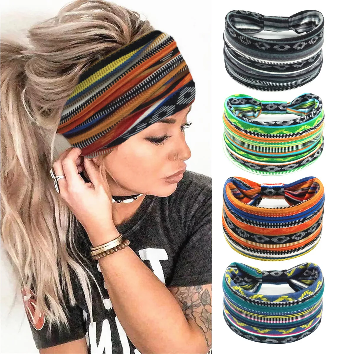 Pañuelo elástico de estilo bohemio para mujer europea americana, accesorios para el cabello de ala ancha de algodón transpirable a la moda