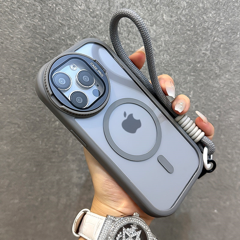 Fold Glass Lens Stand Magnetic Transparent Case For iPhone 16 15 14 13 12 11 Pro Max For Magsafe Wrist Strap Shockproof Cover