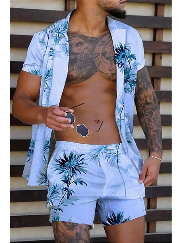 Hawaiianische Pflanzen, mehrfarbiger Druck, Herrenhemd und Shorts, zweiteiliges Set, lässiges Urlaubs-Herrenhemd-Set, kurzärmeliges Hemd mit Knöpfen