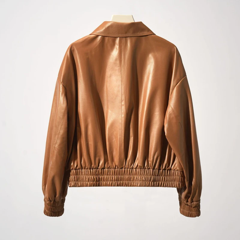 Damen Echt lederjacke neue Mode Knopf lose Langarm weibliche elastische Taille lässig Schaffell Jacke Mäntel Tops