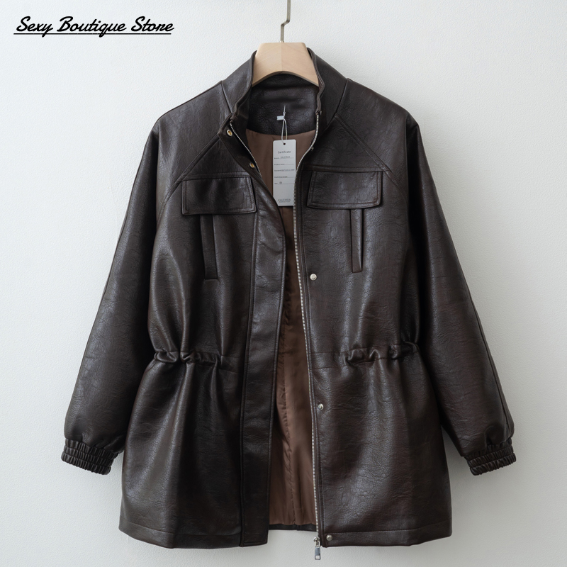Herbst Winter Pu Leder Jacke Für Frauen Solide Volle Hülse Elastische Verstellbare Taille Mantel 2025, Neue Dame Mode Lässig Outwears