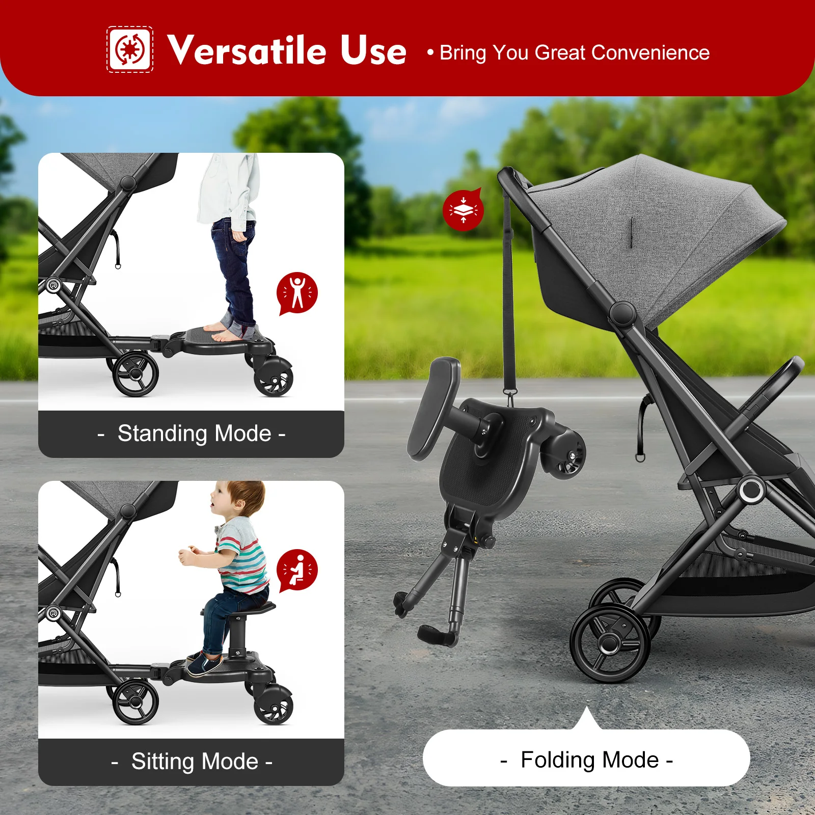 Tablero de cochecito universal Cochecito de pie para caminar 360 °   Tablero de cochecito de rotación con asiento, diseño estable, patines para bebés de dos ruedas