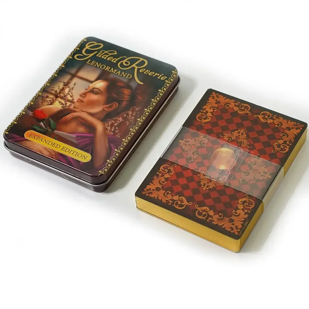 Jeu de Tarot Reverie Lenormand doré 11x6.5cm dans une boîte en fer blanc bord doré pour carte de jeu de divination 44 pièces