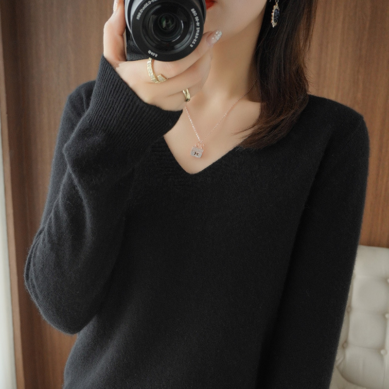 Warmer Damenpullover mit V-Ausschnitt, Strickpullover, koreanische Mode, langärmelig, lockeres, dünnes Innenoberteil, Herbst und Winter, neu