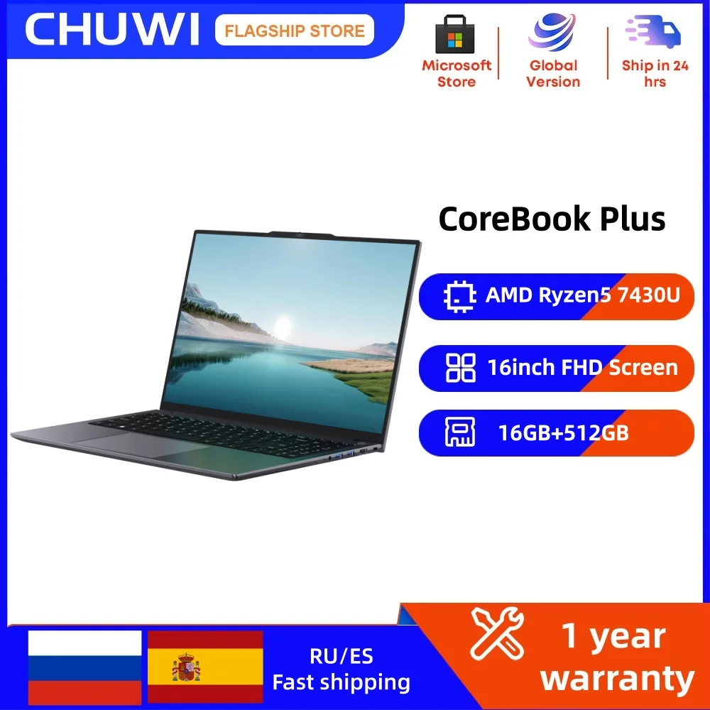 CHUWI 15.6" Corebook Plus  Laptop AMD R5-7430U 16GB RAM 512GB SSD With Cooling Fan Windows 11 Notebook
