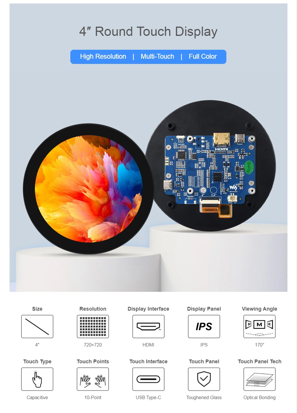 Raspberry Pie Display touch rotondo HDMI da 5 pollici, 1080 × 1080, IPS, tocco a 10 punti, pannello in vetro temperato con incollaggio ottico da 3,4/4 pollici