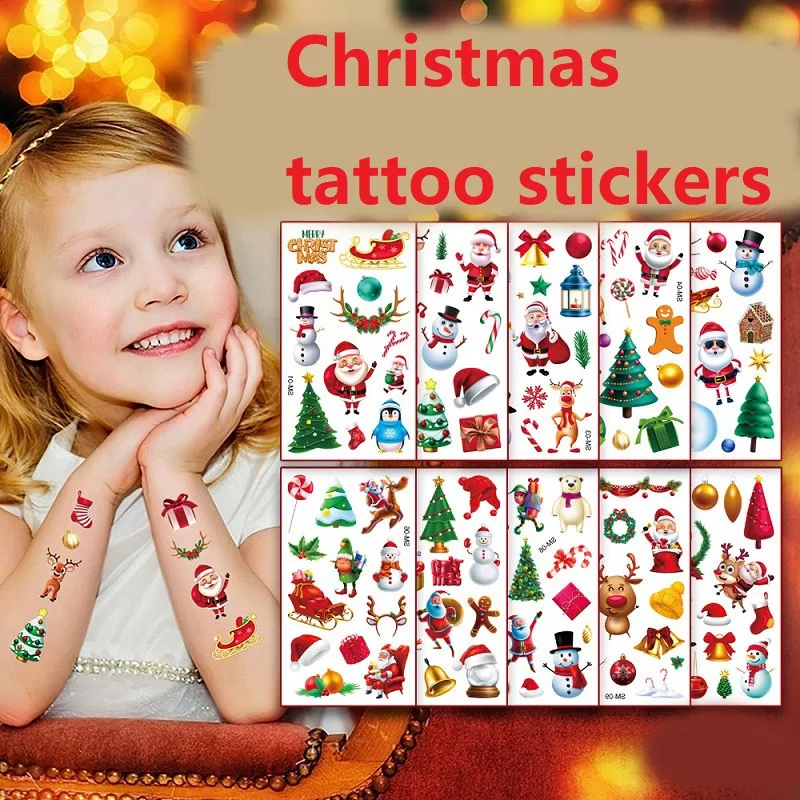 10 Uds. Nuevas pegatinas de tatuajes navideños para niños, tatuajes temporales para niños, Mini transferencia, tatuajes adhesivos impermeables ZS250