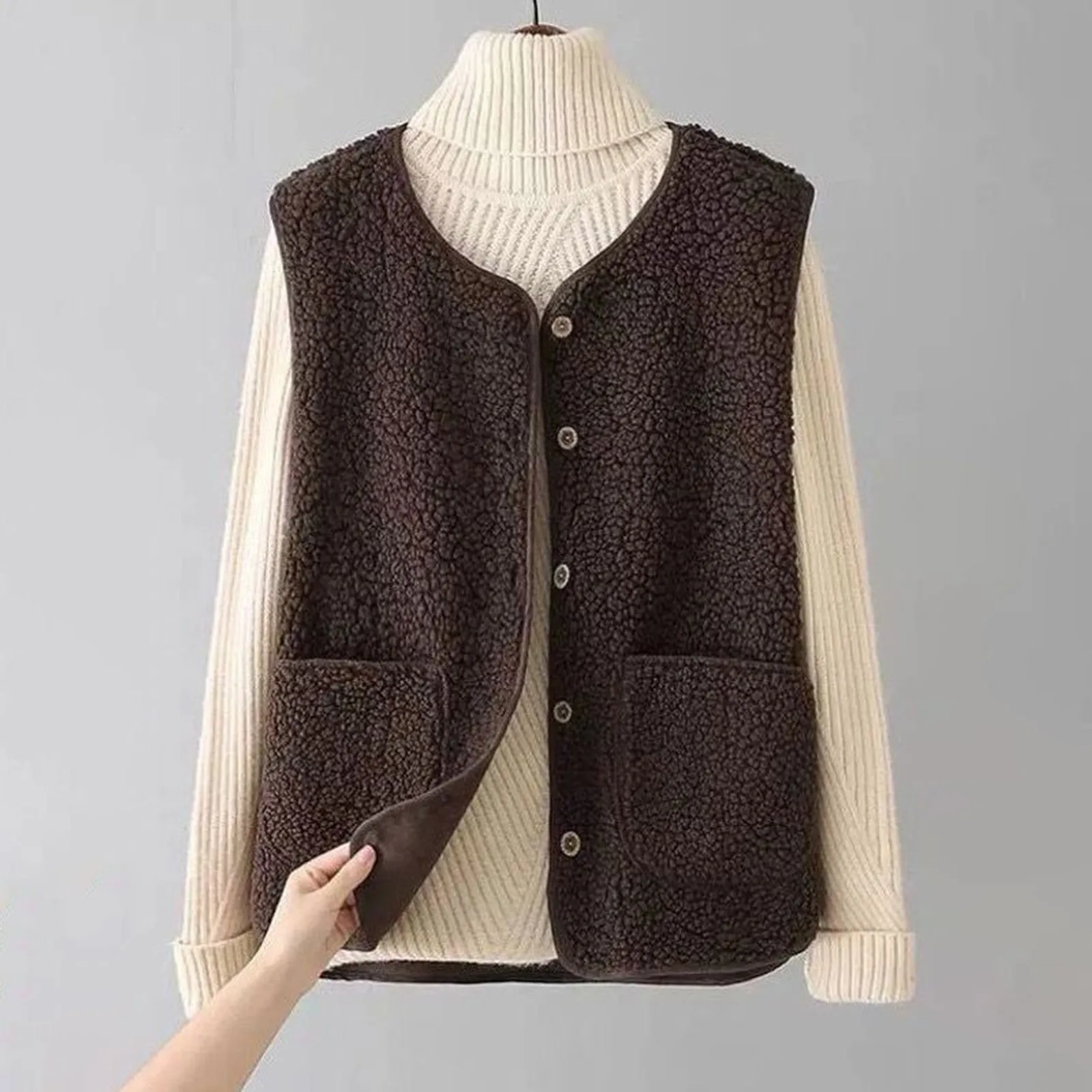 Colete de lã de pelúcia feminino outono colete fino sem mangas casaco de pelúcia simples jaqueta curta solta colete de lã feminino outwear