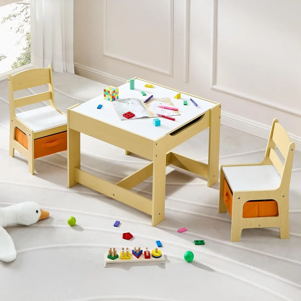 Kids Table and Chair Set, 3 in 1 Wooden Activity Table with Detachable Tabletop, Toddler Table and Chair Set with Storage Drawer