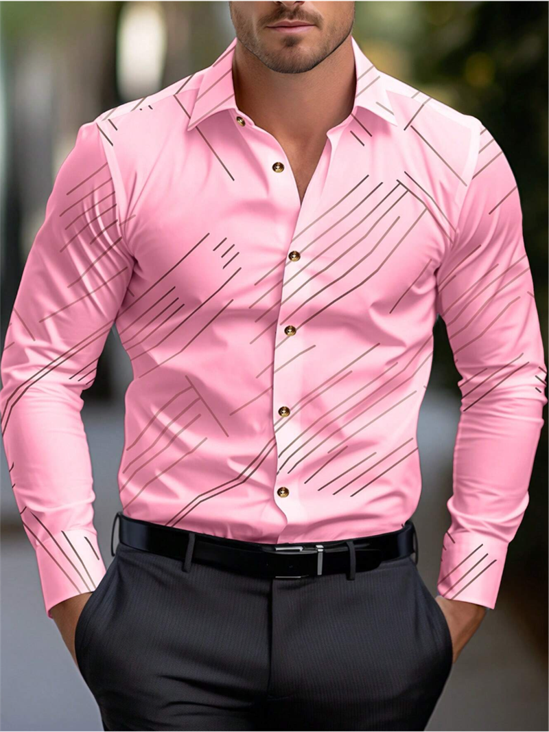 Traje de primavera y otoño para hombre, camisa de moda con solapa, manga larga rosa, moda informal de alta calidad, camisa suave y cómoda para hombre