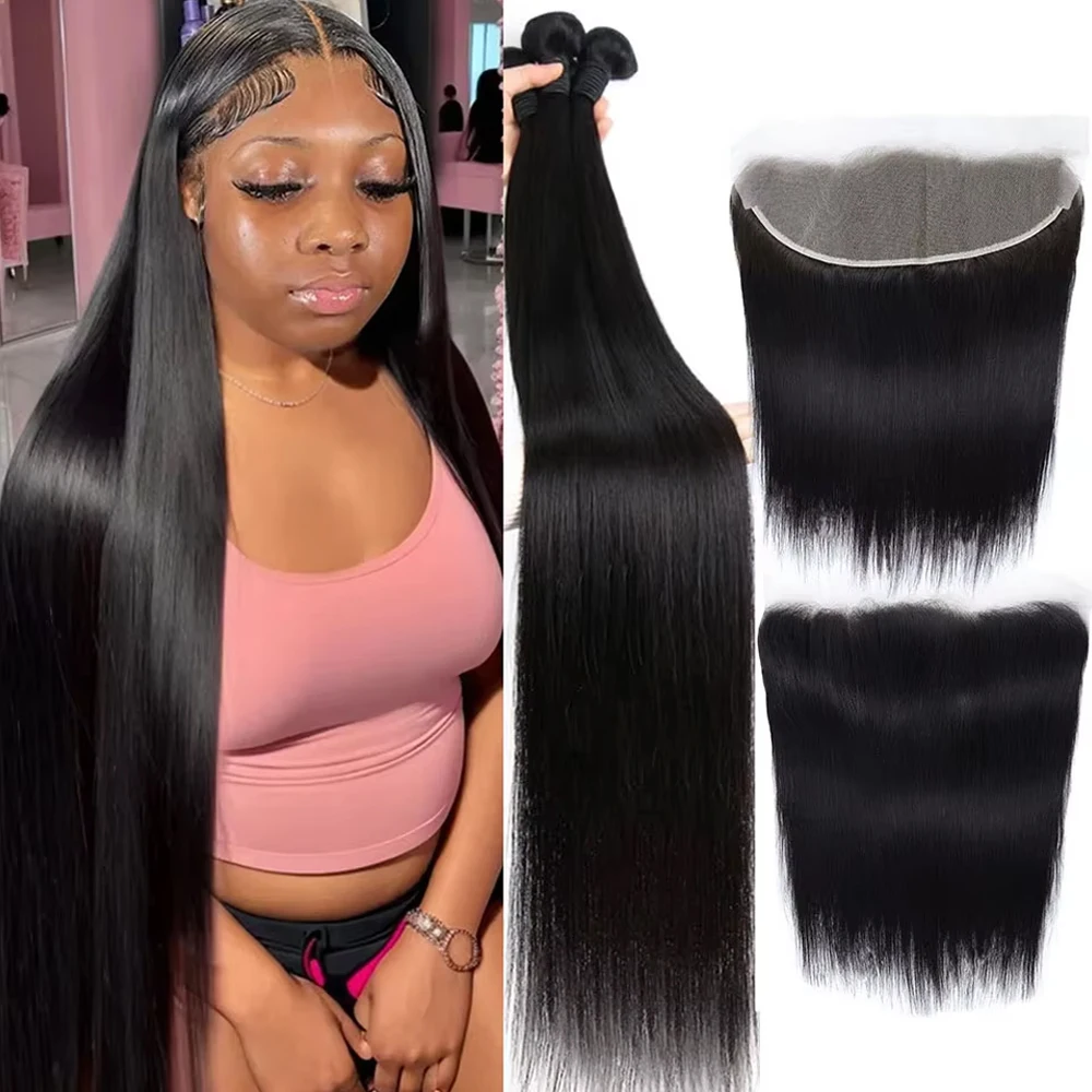 Pacotes de cabelo humano reto de osso com 13x4 hd renda frontal com extensões brasileiras tecidas 3 pacotes com fecho para mulheres