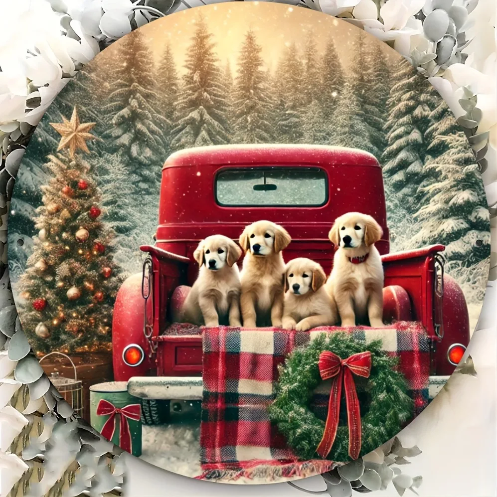 Tanda Logam Natal Pedesaan: Dekorasi Dinding Bulat dengan Anjing, Truk Merah, Anak Anjing Meriah, Karangan Bunga & Pemandangan Bersalju Sempurna untuk Rumah,