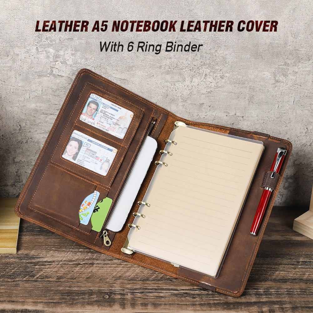高級A5ノートブックレザーカバー、6リングバインダー付きポートフォリオ、ペーパーペン、iPad、ミニホルダー、カードスロット、トラベルケース、レトロ、ビジネス