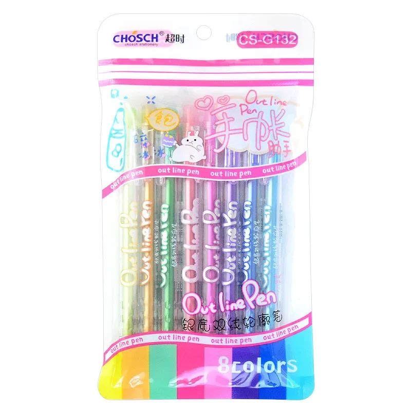 8 สีปากกาคริสต์มาส Glitter Highlighter ปากกาเจล Double Line Outline Art ปากกา MARKER ปากกา Bullet ไดอารี่โปสเตอร์การ์ด DIY เขียน