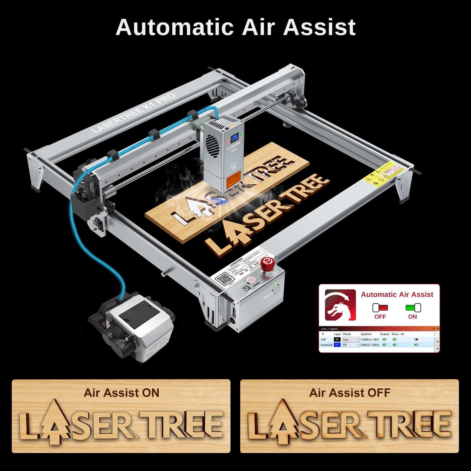 LASER TREE K1 PRO レーザー彫刻機 30 ワット 40 ワットレーザーモジュールエアアシスト木材彫刻切断機木工エリア 400X400mm