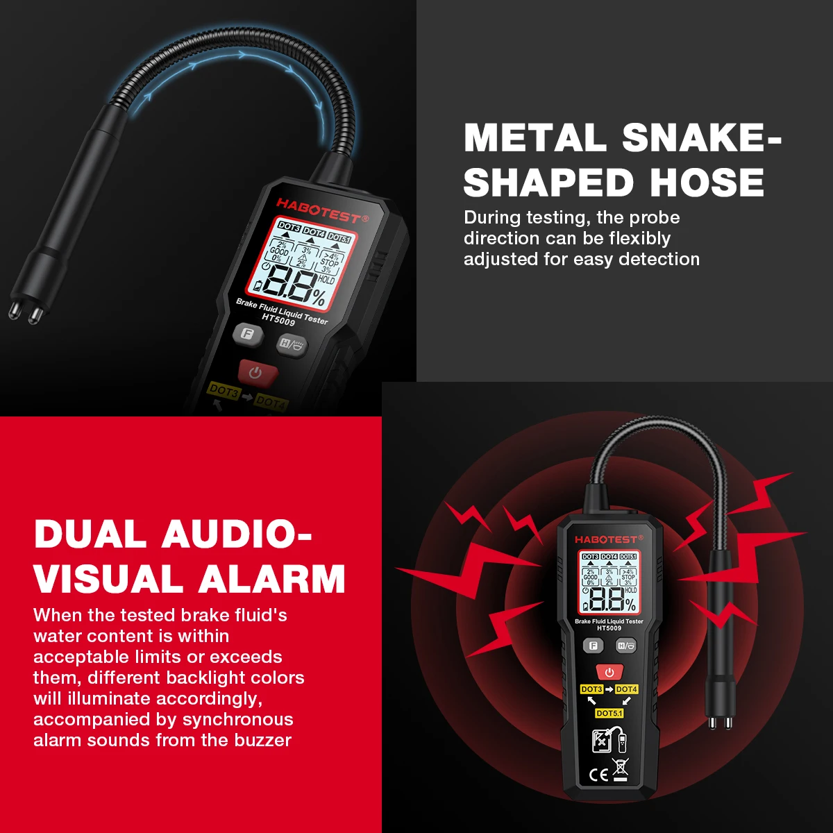 デジタルブレーキ液テスター自動車ブレーキオイル水分検出器 DOT3/DOT4/DOT5.1 バックライト付き柔軟なプローブブレーキオイルテスター