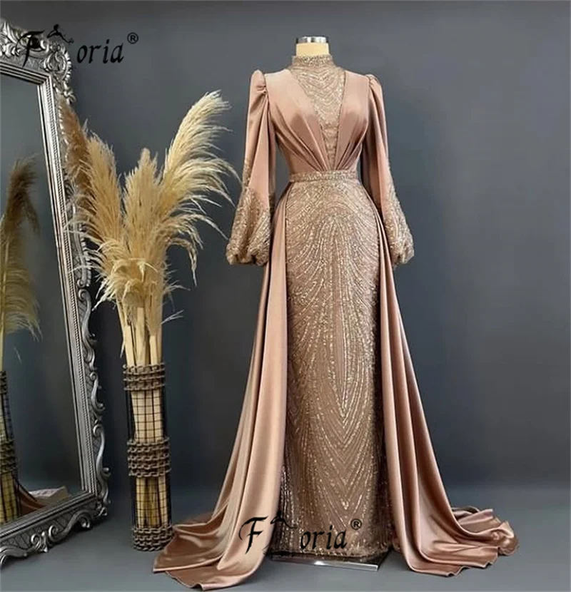 Lange Champagner Dubai Meerjungfrau Abendkleider Perlen Muslimische Frau Party Kleid Hochzeit Kleid Angepasst Formale Kleider Vestidos de Gala