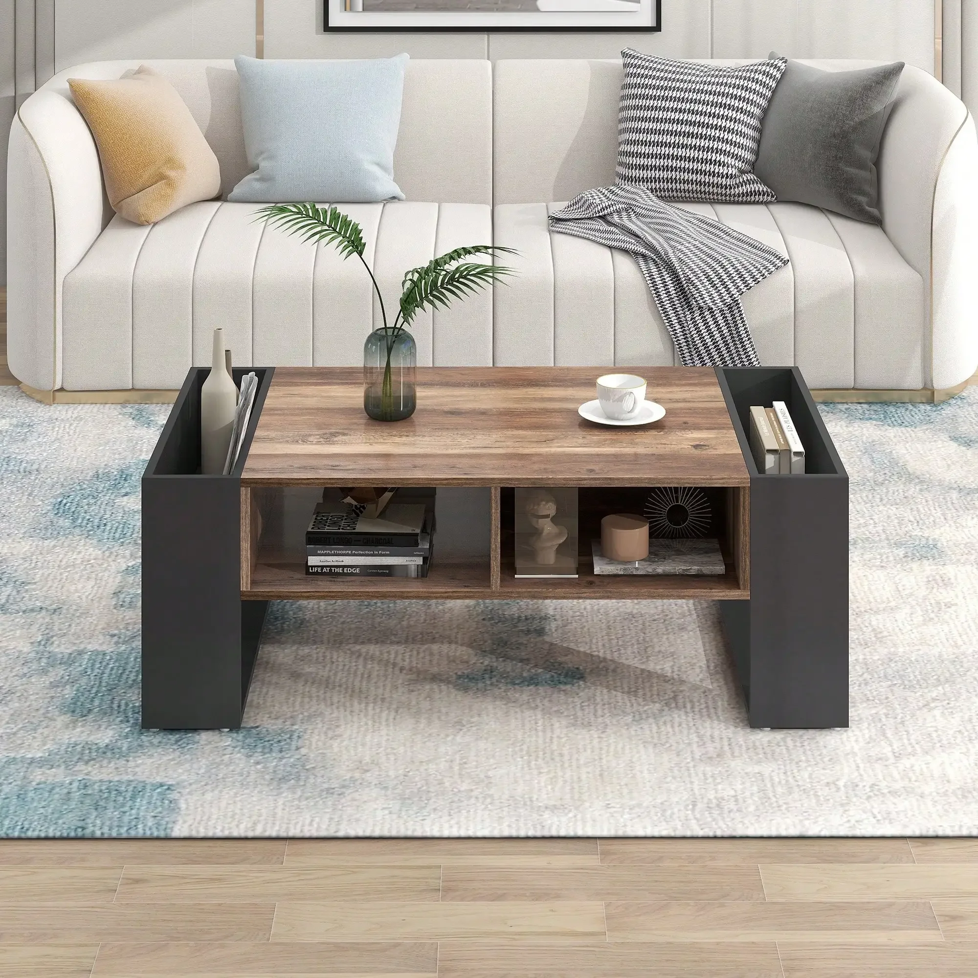 Mesa de centro de grão de madeira KOMHTOM, mesa lateral com prateleira dupla face, mesa de sala de estar com gavetas, espaço de armazenamento para quarto