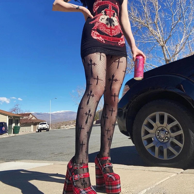Y2K mujeres Sexy Retro gótico Lolita estampado cruzado Club medias gótico Lolita Cosplay JK niñas medias calcetines de nailon pantimedias de rejilla # 10