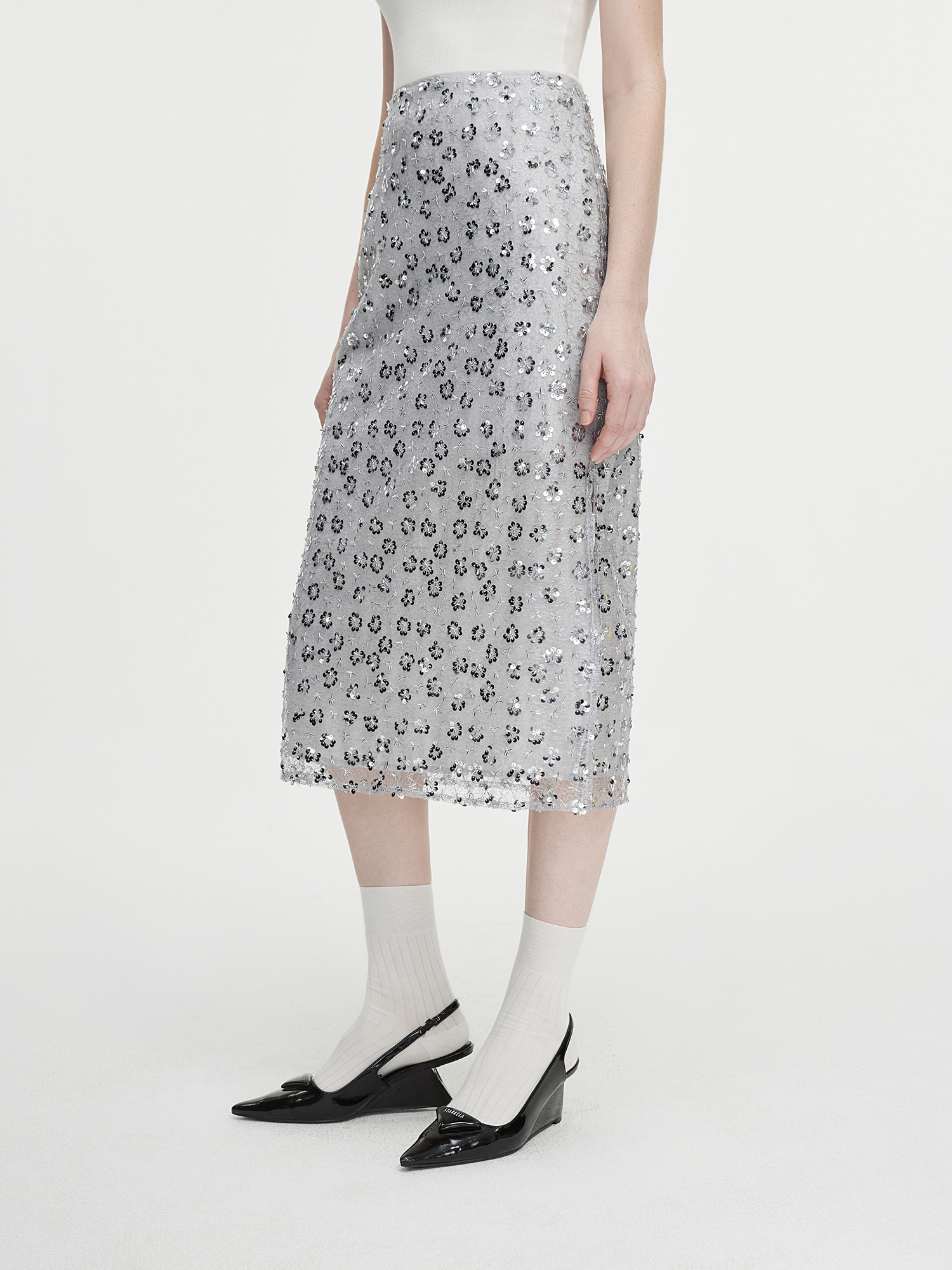 FSLE Hohe Taille Pailletten Gerade Rock frauen Herbst Mid-länge Schlitz Mode Rock 2024 Neue Design Chic Rock 24FS13139