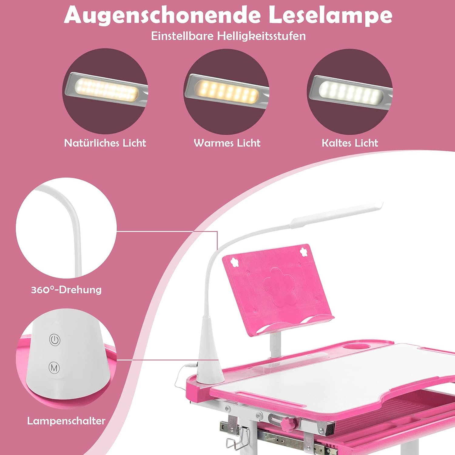 Kinder schreibtischset mit Stall und LED-Licht, höhen verstellbarer Kinder schreibtischs tuhl mit kippbarem Schreibtisch und Schublade, rosa