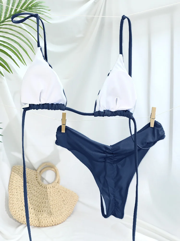 Conjunto de Bikini con pliegues para mujer, microbikinis lisos, traje de baño triangular para mujer, ropa de playa