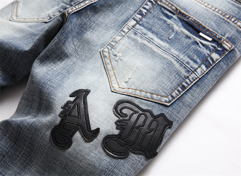 Jeans rasgado de streetwear masculino, calça estilo punk, pés pequenos, moda slim, bordado da marca, novo