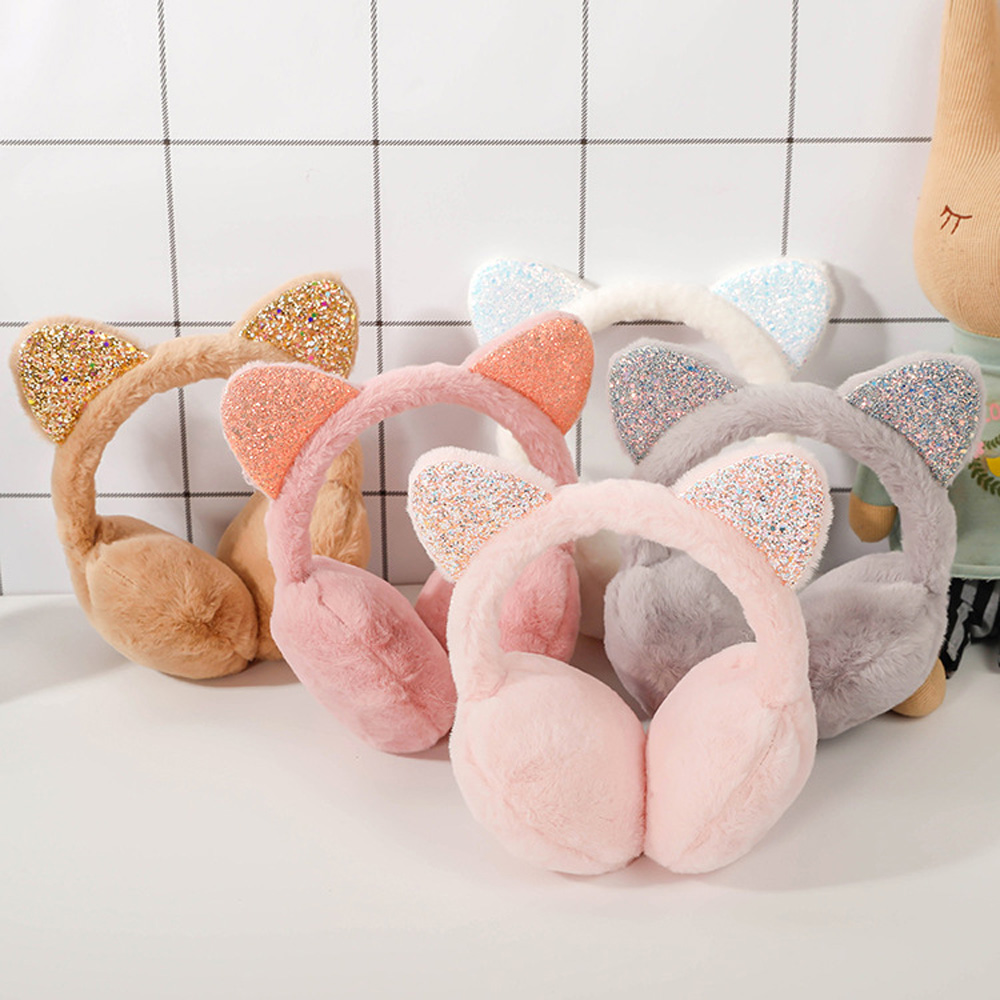Orejeras cálidas de felpa para niños, 6 colores, orejas de gato lindas, lentejuelas brillantes, orejeras suaves, diadema para niños, invierno al aire libre