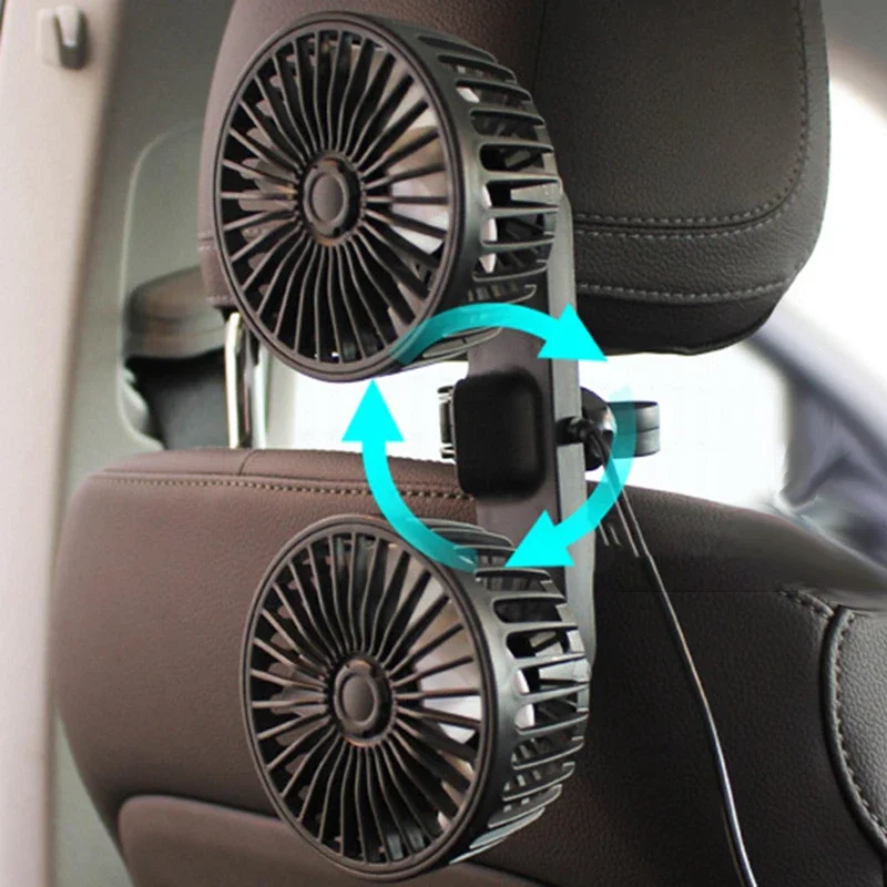 Ventilador automotivo usb portátil, ventilador de assento de ar condicionado elétrico de cabeça dupla giratório de 360 graus para escritório doméstico, 3 opções de velocidade