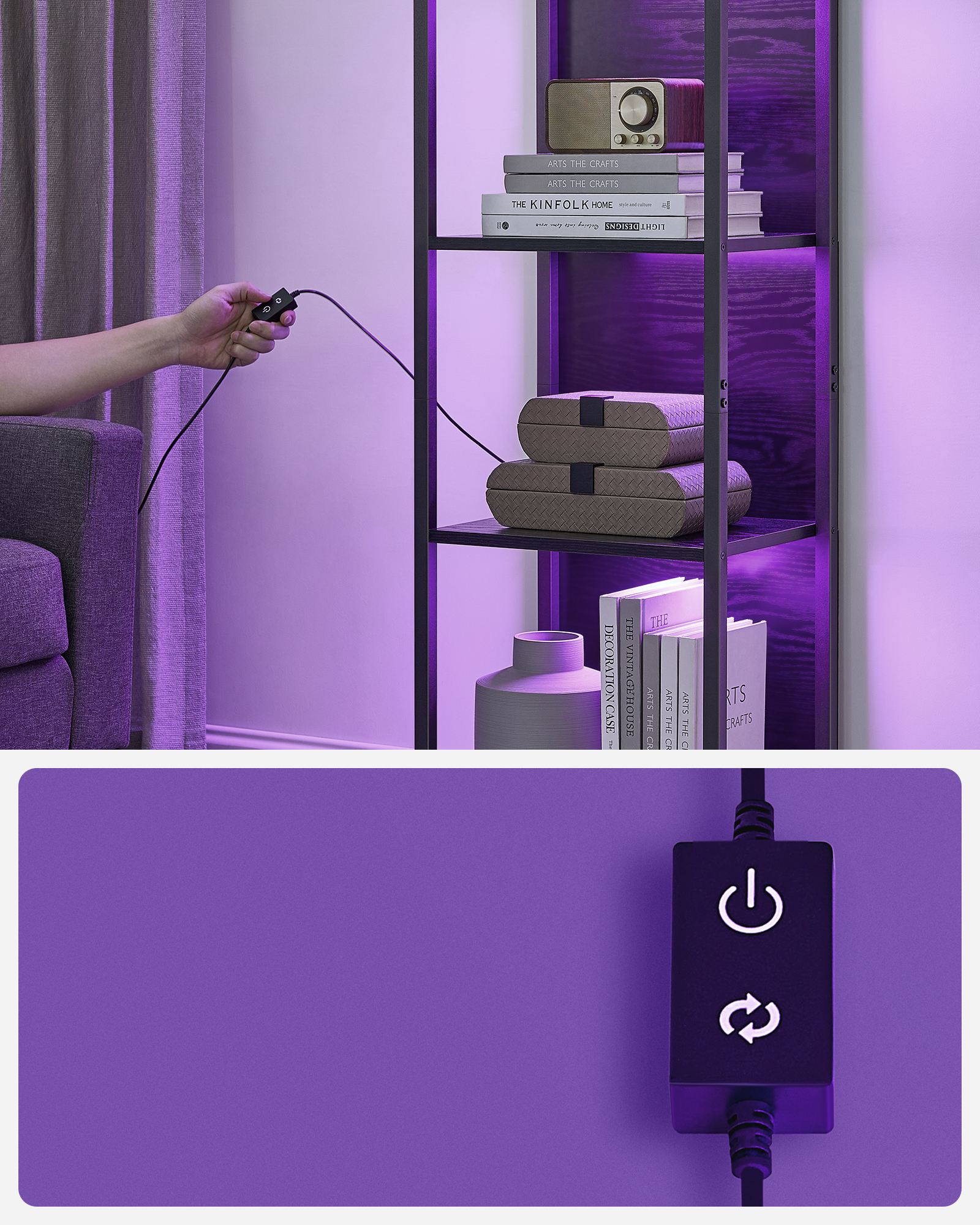 VASAGLE Bücherregal mit 6 Ebenen, Standregal mit Einstellbarer LED-Beleuchtung, Regal mit Stahlrahmen, 30,3 x 40 x 178,6 cm