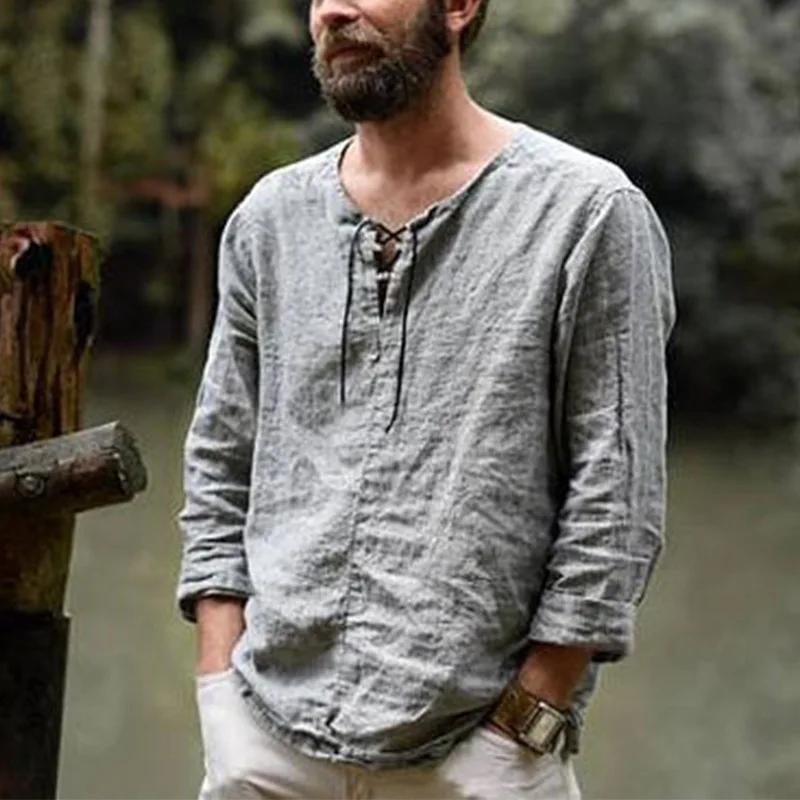 New Men's Cotton Linen shirt Male Solid Color V Neck bandage T-shirts Summer Men's Casual Long Sleeves Linen shirt Tops S-3XL