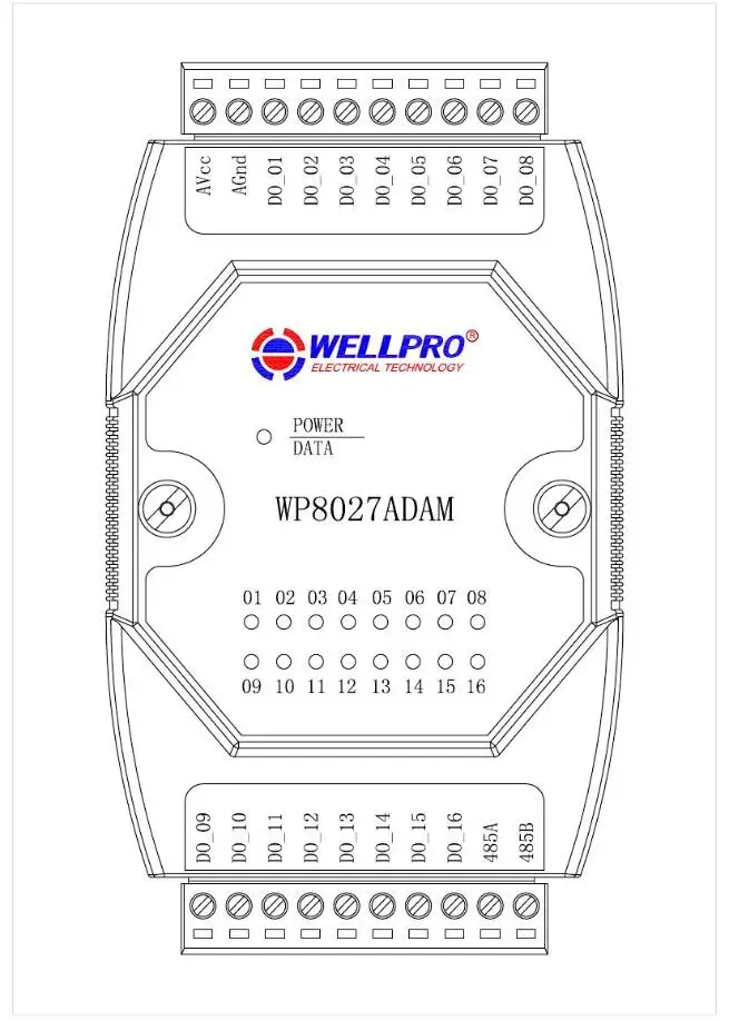 16 Kanalen Digitale Uitgang Module Optocoupler Geïsoleerde 16 Doen RS485 Modbus Rtu Communicatie Wellpro WP8027ADAM