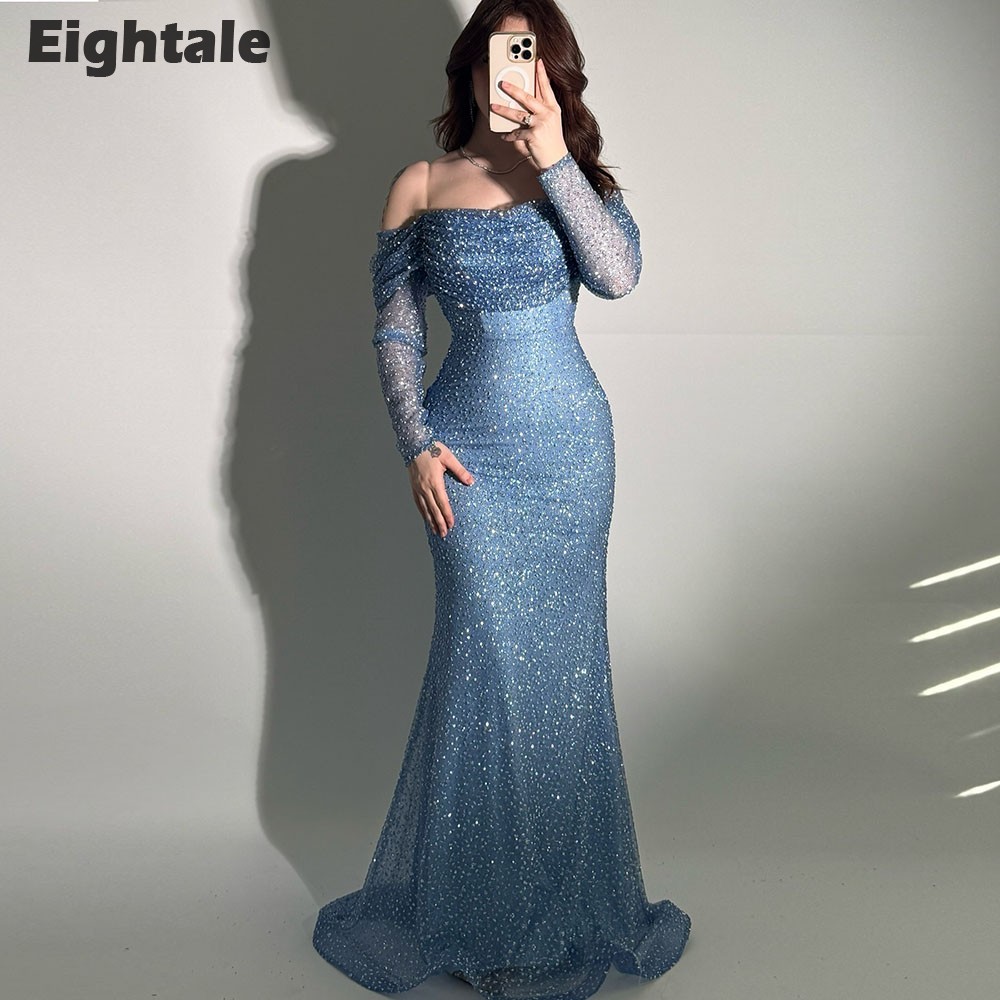 Eightale vintage avondjurk off-shoulder Arabisch glanzende stof galajurk lange mouwen zeemeermin bruiloft vestidos de fiesta