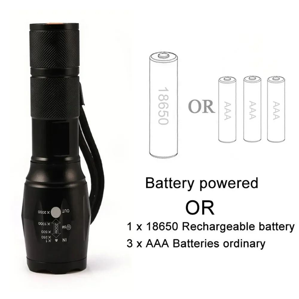 Linterna LED T6 de alta potencia, antorcha para acampar, 5 modos de luz, con zoom, resistente al agua, cuerpo de aleación de aluminio, batería externa 18650 incluida