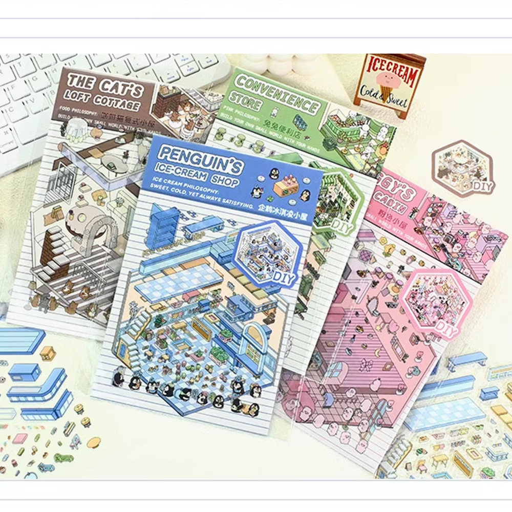 Kawaii 3D ภูมิทัศน์สติกเกอร์การ์ตูนฉากจิ๋วภาพซ้อนสติกเกอร์สามมิติของขวัญคริสต์มาสสําหรับเด็ก