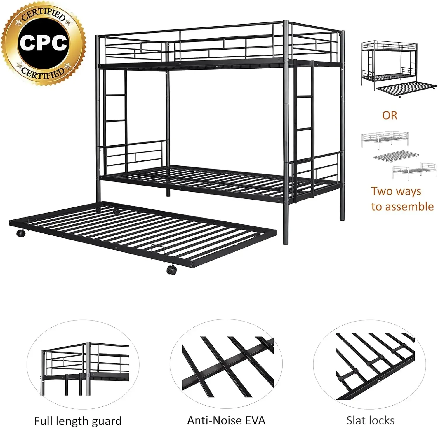 Twin Over Twin Metal Bunk Bed with Trundle Heavy Duty Twin Size Bunk Beds Frame with 2 Side Ladders,Bunkbed
