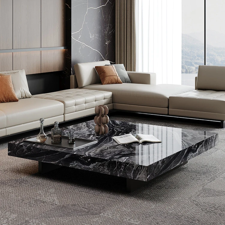 Móveis para sala de estar, design italiano, mesa de centro quadrada, luz, luxo, mármore, base de aço inoxidável, mesa de centro