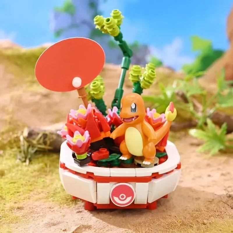 Pokemon Potted Bonsai Building Blocks Pikachu Charmander Squirtle ชุดอิฐของเล่น Creative Desktop ของขวัญตกแต่งสําหรับเด็ก