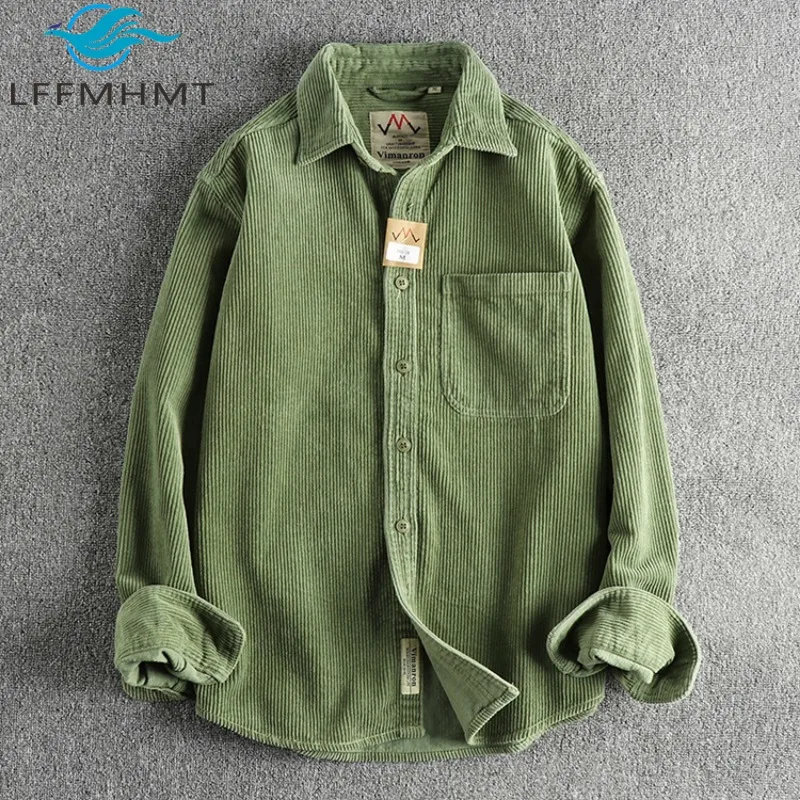 Solid Color Corduroy Vintage Shirt for Men Spring Fashion Simple Basic Long Sleeve Blouse America Style Good Quality Dense Coats