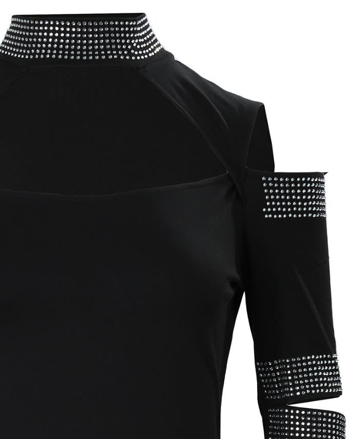 女性のためのトップ 2023 春コールドショルダーカットアウトラインストーン装飾トップ feminino ファッションデイリー長袖 Tシャツ新カジュアル Tシャツ