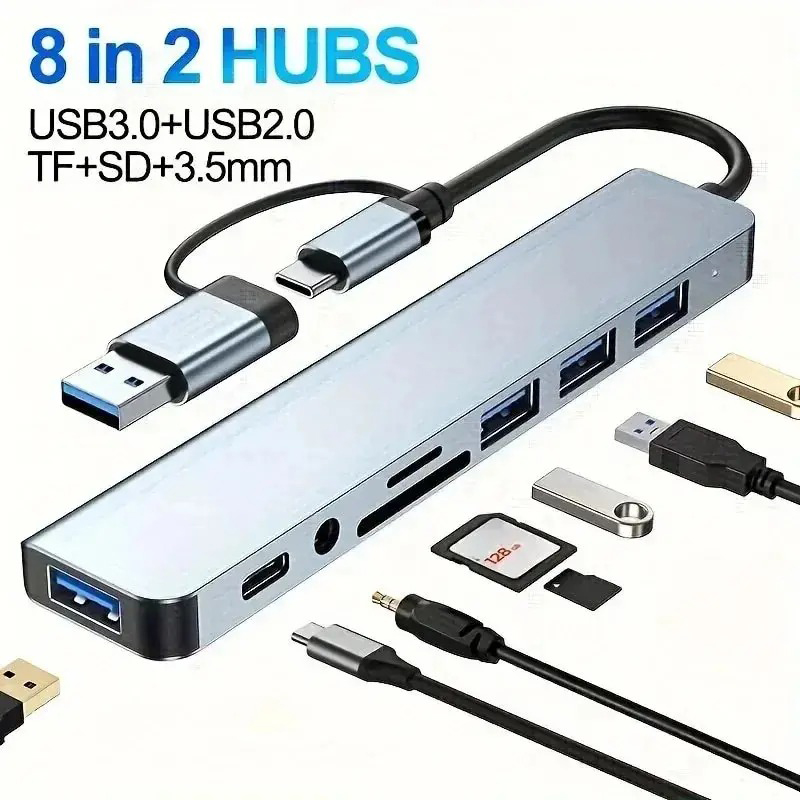USB C Hub USB Splitter 8 in 2 USB Extender with 4 USB Port 1 USBC Port TF/SD Card Reader Audio Output Compatible with MacBook