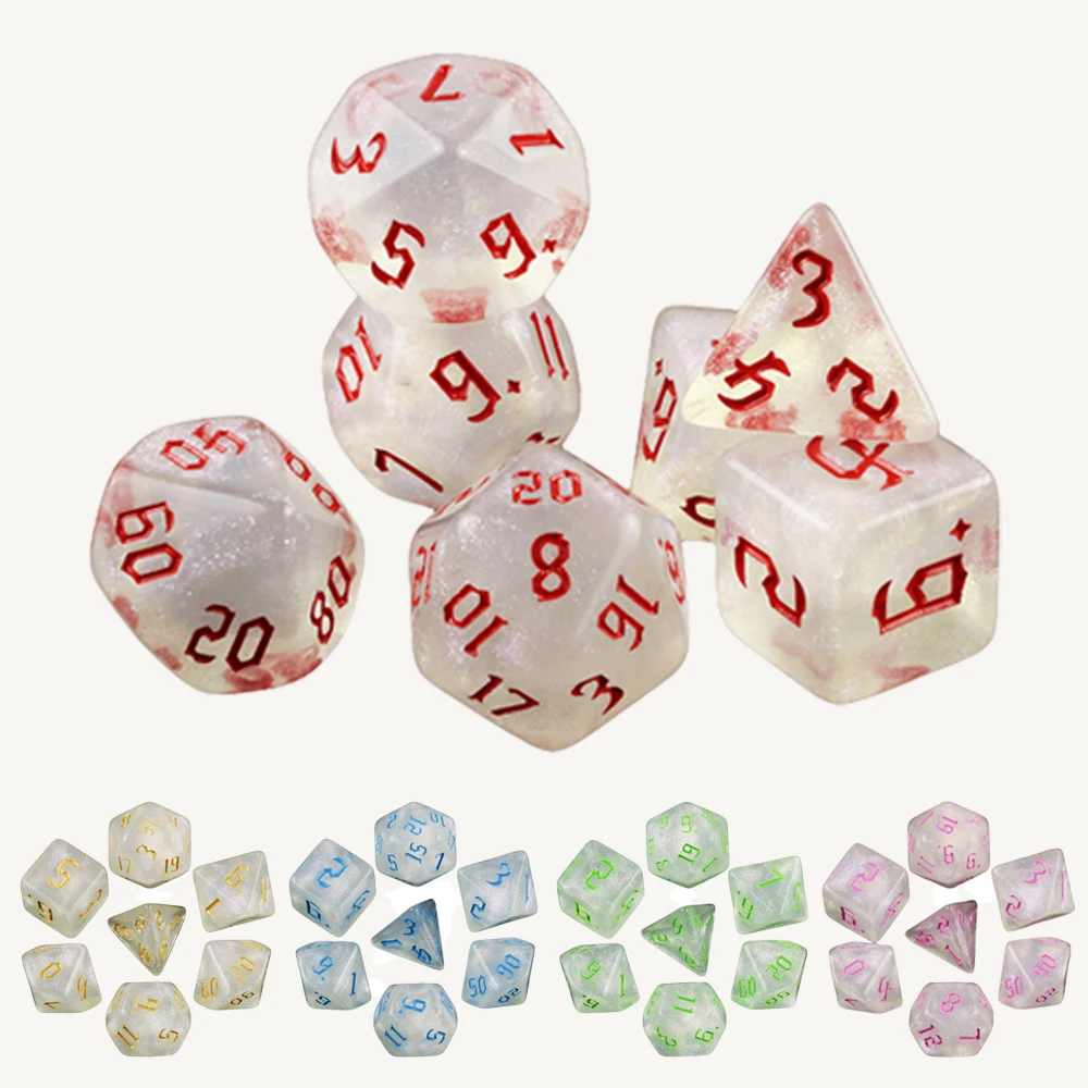 7 pièces/ensemble dés polyédriques effet paillettes dés de jeu mdn pour donjons et Dragons accessoires de jeu de société RPG, dés de jeux de rôle