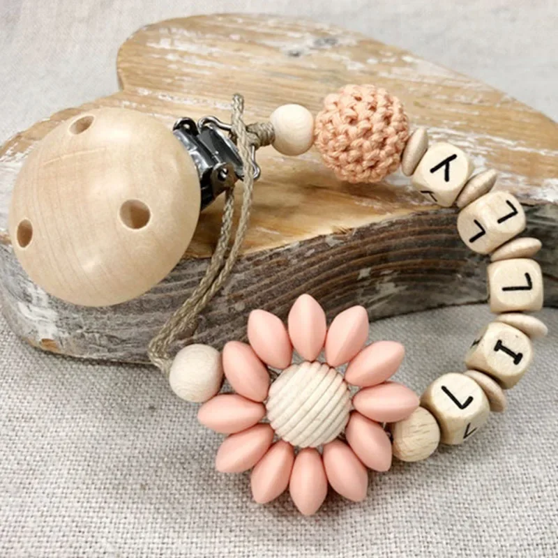 Cuentas de silicona con nombre personalizado para bebé, anillo de flores, Clips para chupete, cadenas de dentición seguras, mordedor, Clips de haya simulados ecológicos