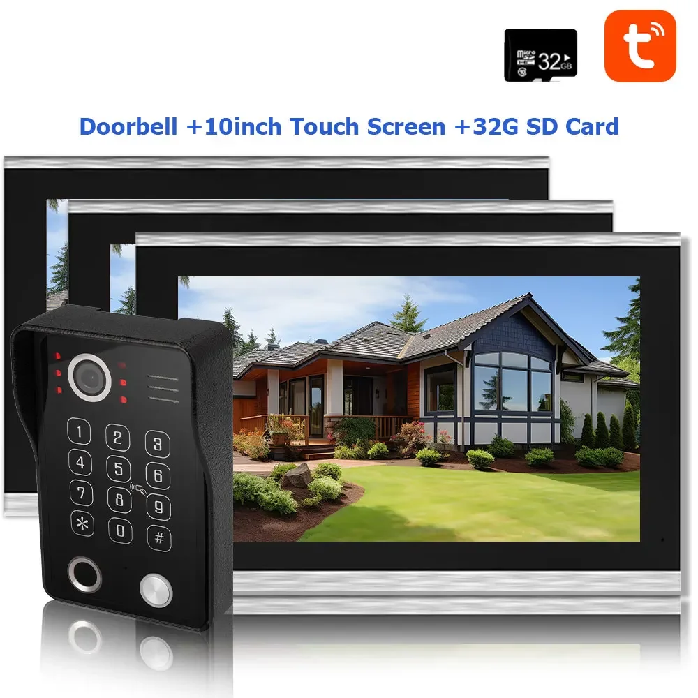 Timbre de desbloqueo con huella dactilar, intercomunicador de vídeo con pantalla táctil para el hogar, 1080P, protección de seguridad Tuya, 3 monitores