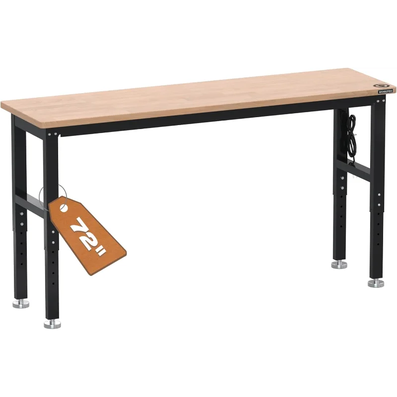 WORKPRO 72" Adjustable Workbench, 3000 LBS Load Capacity Hardwood Garage Workbench with Power Outlets, Rubberwood Top