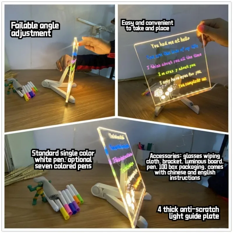Light Up Acrylic Message Board Rewritable DIY Children's Glowing Drawing Board Message Lamp With 7 Colorful Pens