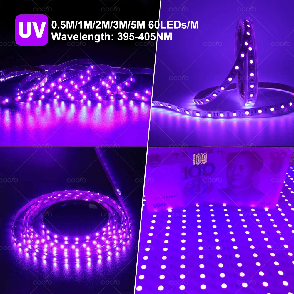 Striscia luminosa a LED UV Striscia LED flessibile Lampada UV ultravioletta 395-405nm Luce nera 2835 SMD DC5V Nastro LED per Glow Party