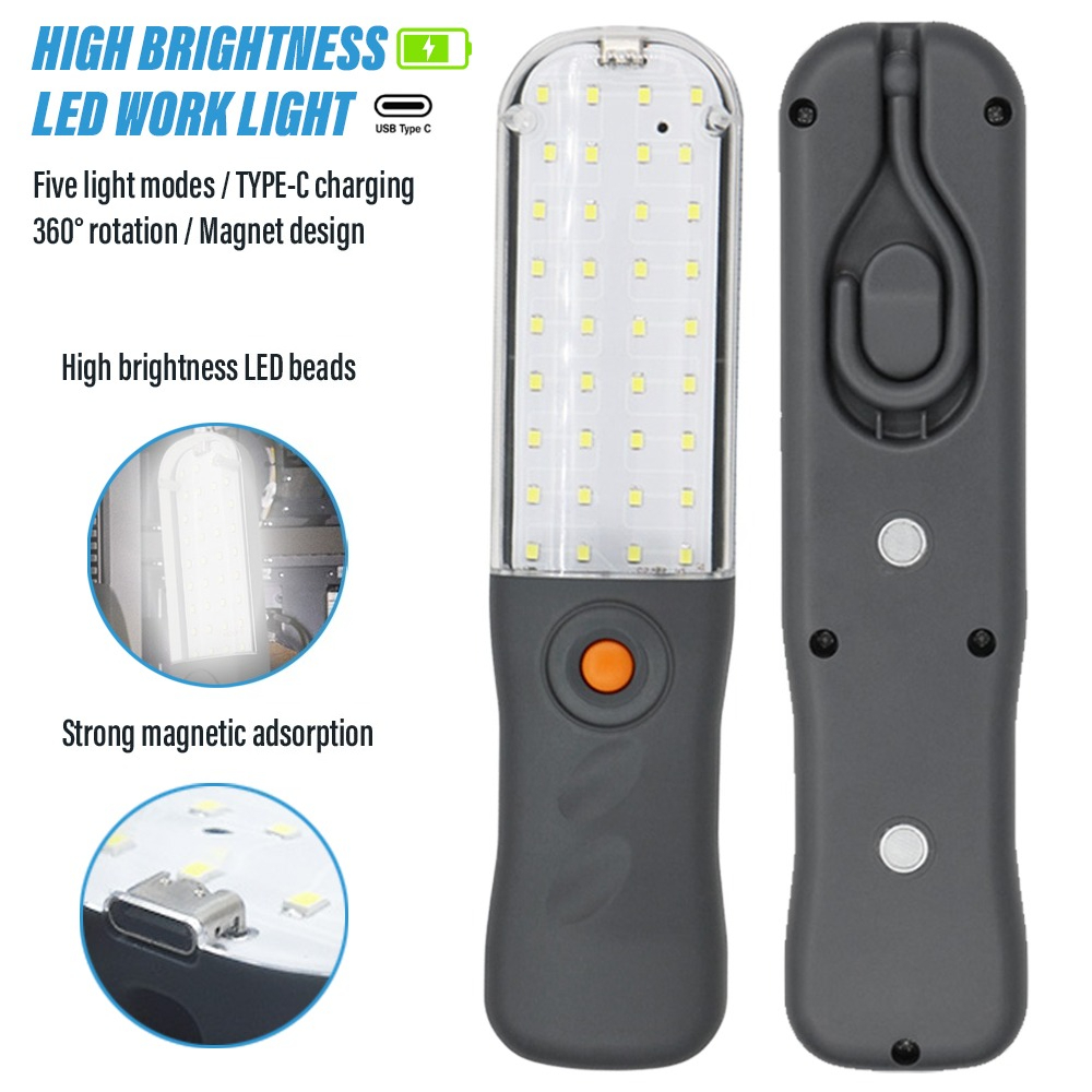 Portable Magnetic Auto Repair Work Light USB Rechargeable LED Flashlight With Magnet Hook For Car Repair Fishing Emergencies